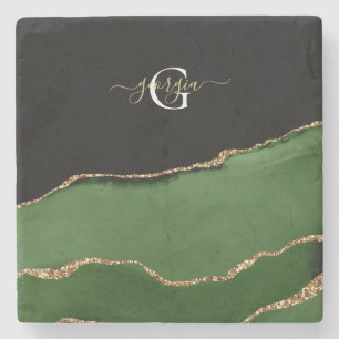 Gold-Glitzer und Green-Agate-Monogramm Steinuntersetzer