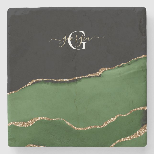 Gold-Glitzer und Green-Agate-Monogramm Steinuntersetzer (Vorderseite)