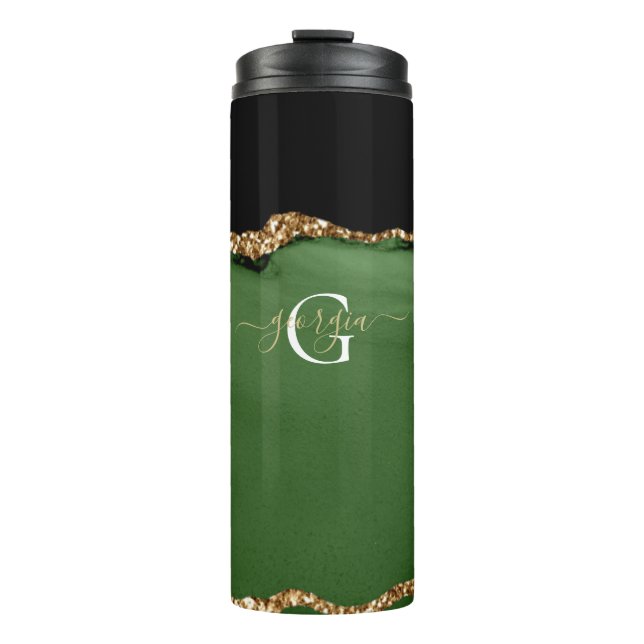 Gold-Glitzer und Green-Agate-Monogramm Thermosbecher (Vorderseite)
