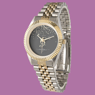 Gold-Glitzer und Monogram-weiße Skriptbezeichnung  Armbanduhr