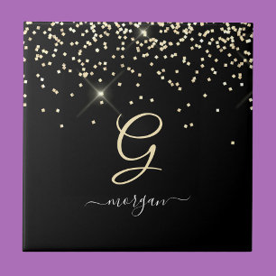 Gold-Glitzer und Monogram-weiße Skriptbezeichnung Fliese
