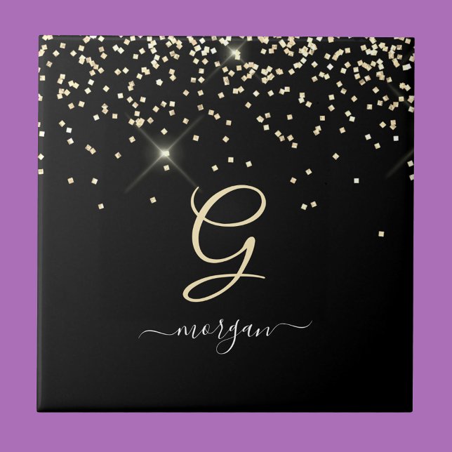 Gold-Glitzer und Monogram-weiße Skriptbezeichnung  Fliese (Von Creator hochgeladen)
