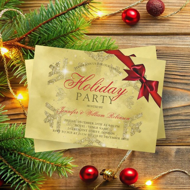 Gold Glitzer und Multiband | Xmas Holiday Red Einladung (Gold Glitter & Ribbon | Xmas Holiday Red Invitation)