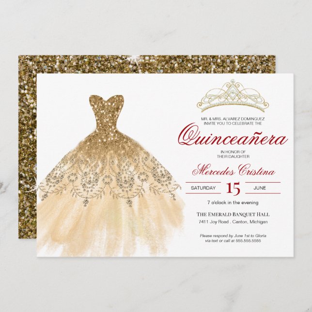 Gold Glitzer und Red Simple Elegante Quinceñera Einladung (Vorne/Hinten)