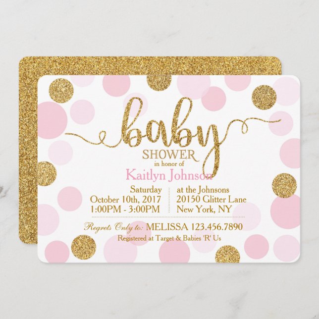 Gold Glitzer und rosafarbene Dots Baby Dusche Einladung (Vorne/Hinten)