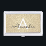 Gold-Glitzer und Sparkle-Monogramm Visitenkarten Dose<br><div class="desc">Gold Imitats Glitzer und sparkle Elegant Monogram Business Card Holder. Dieser Visitenkartenhalter kann so angepasst werden,  dass er Ihren Vor- und Erstnamen einbezieht.</div>