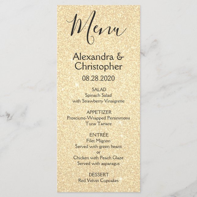 Gold Glitzer und Sparkle Wedding Menu Menükarte (Vorderseite)