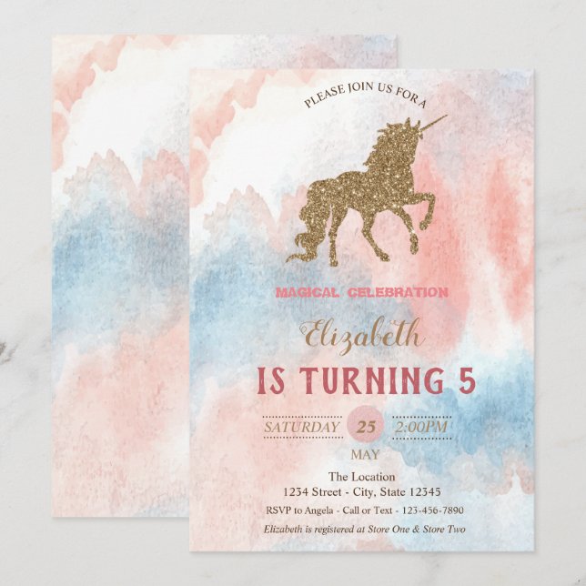 Gold Glitzer Unicorn, Aquarell Einladung (Vorne/Hinten)