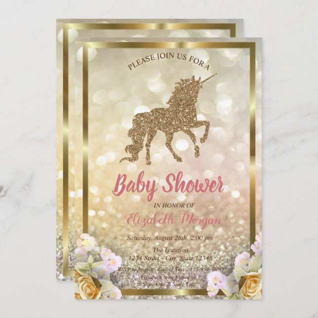 Gold Glitzer Unicorn Floral Bokeh Baby Dusche Einladung (Vorne/Hinten)