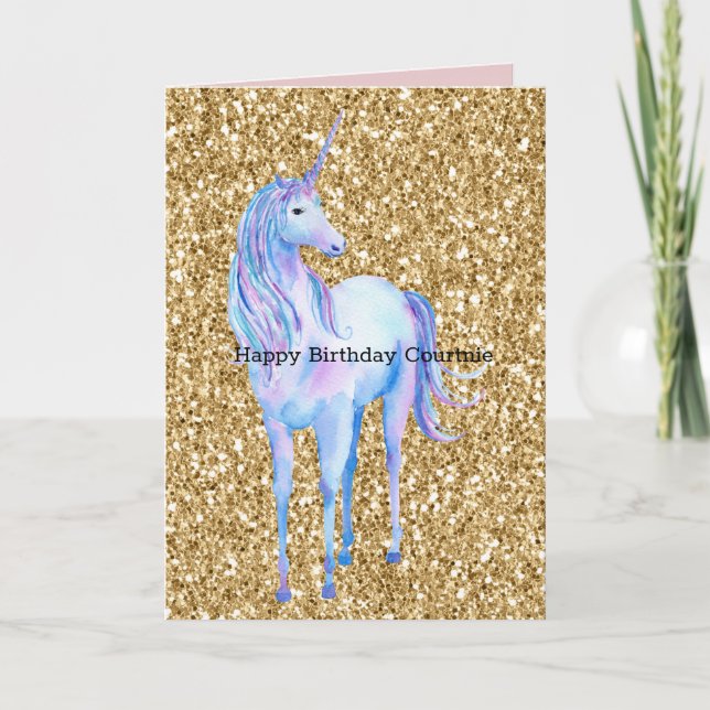 Gold Glitzer Unicorn Karte (Vorderseite)