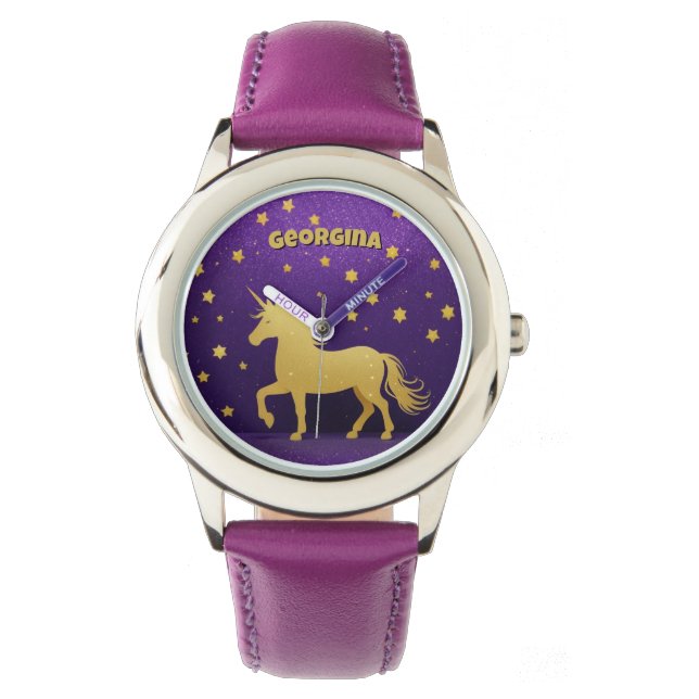 Gold Glitzer Unicorn Personalisiert Armbanduhr (Vorderseite)