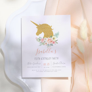 Gold Glitzer Unicorn & Pink Blume Geburtstagsparty Einladungspostkarte
