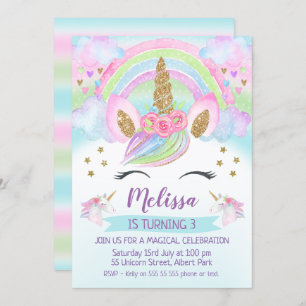 Gold Glitzer Unicorn Rainbow Birthday Einladung