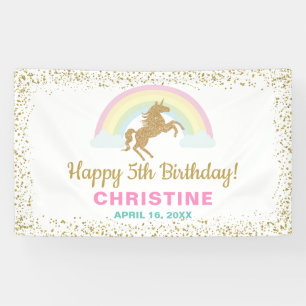 Gold Glitzer Unicorn Rainbow Birthday Party Banner