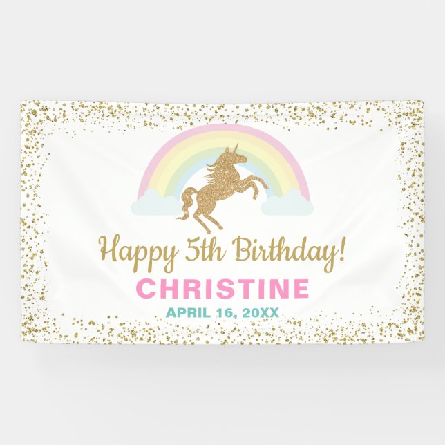 Gold Glitzer Unicorn Rainbow Birthday Party Banner (Horizontal)