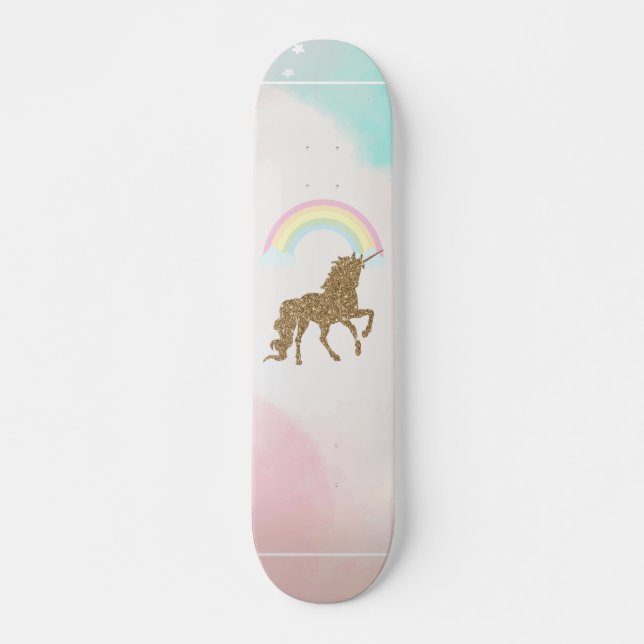Gold Glitzer Unicorn, Regenbogen Skateboard (Vorne)