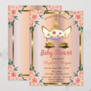 Gold Glitzer Unicorn Rose Crown Baby Dusche Einladung