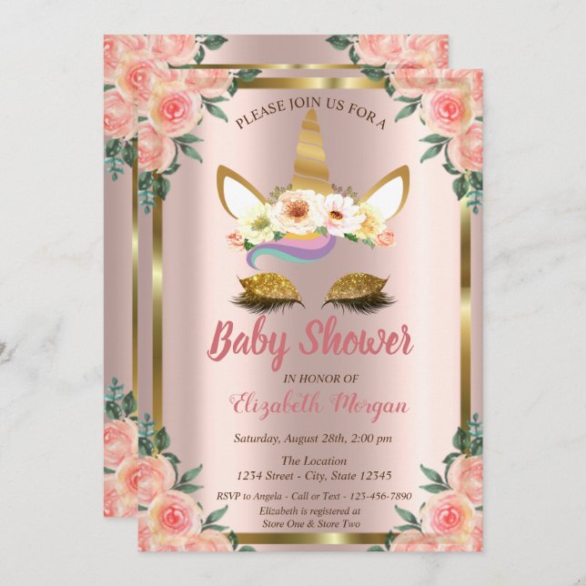 Gold Glitzer Unicorn Rose Crown Baby Shower Invit Einladung (Vorne/Hinten)
