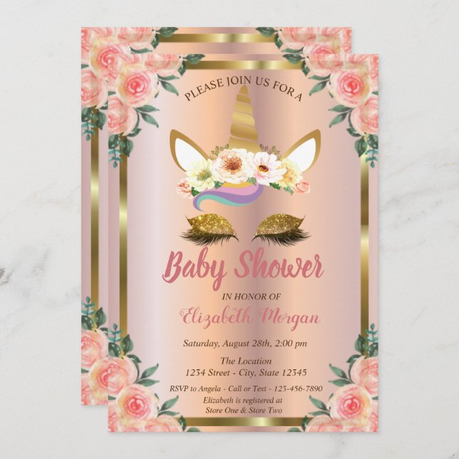 Gold Glitzer Unicorn Rose Gold Baby Dusche Einladung (Vorne/Hinten)