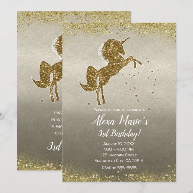 Gold Glitzer Unicorn Stars Glam Birthday Party Einladung (Vorne/Hinten)