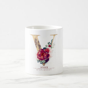 Gold Glitzer V Monogram Floral Burgund Red Kaffeetasse