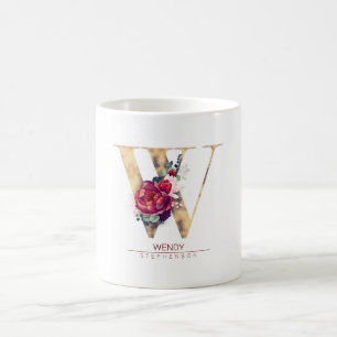 Gold Glitzer W Monogram Floral Burgund Red Kaffeetasse
