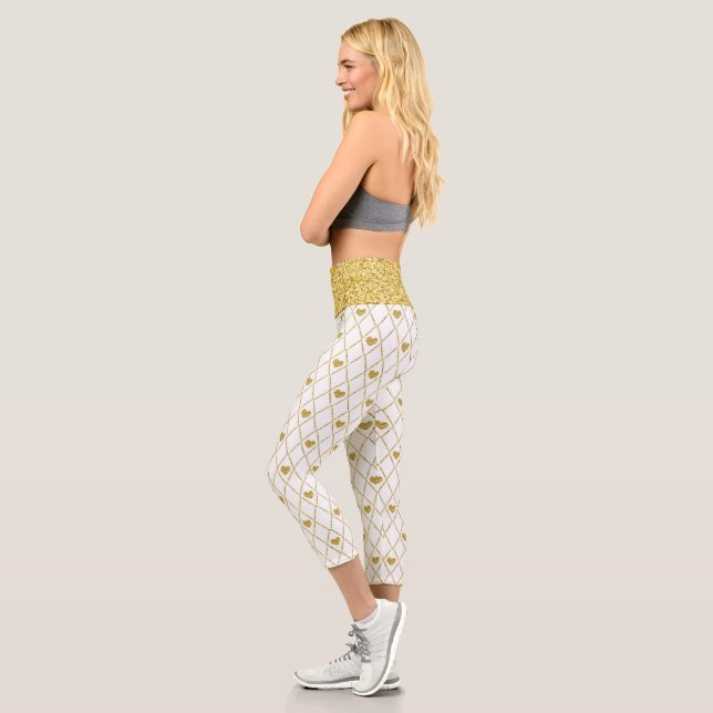 Gold Glitzer Waist Band Gold Hearts Capri Leggings (Links)