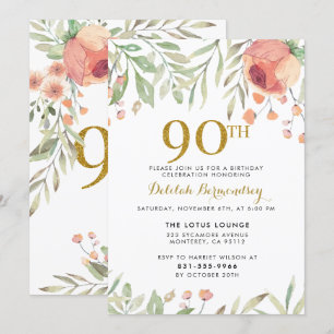 Gold Glitzer & Watercolor Blume 90. Geburtstag Einladung