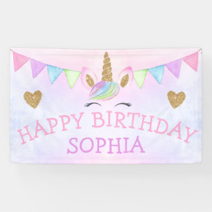 Gold Glitzer Watercolor Rainbow Unicorn Girl Party Banner
