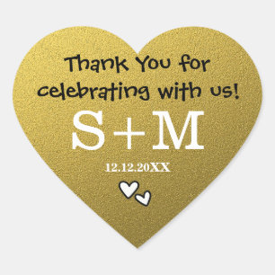 Gold Glitzer Wedding Danke Monogram Heart Herz-Aufkleber