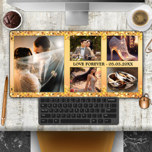 Gold Glitzer Wedding Foto Collage Schreibtischunterlage