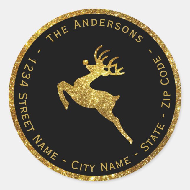 Gold Glitzer Weihnachten Hirsch Rücksendeadresse E Runder Aufkleber (Vorderseite)