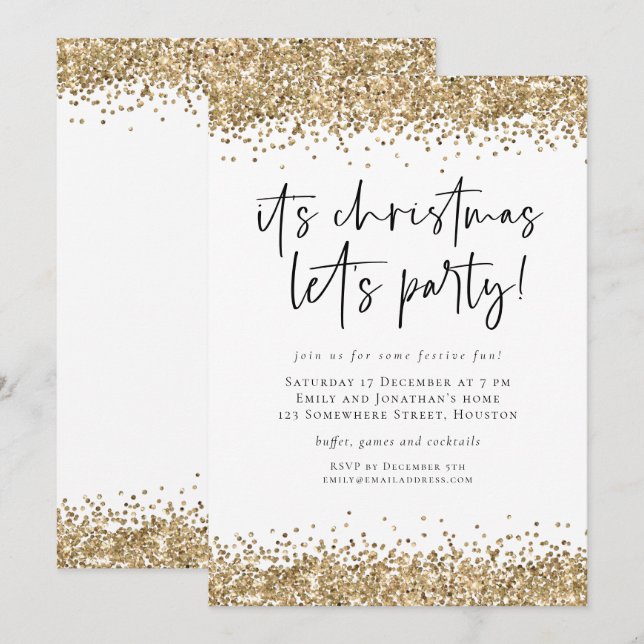 Gold Glitzer Weihnachten Ließ Party Glam Einladung (Vorne/Hinten)