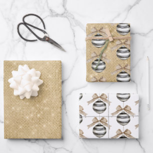 Gold Glitzer Weihnachten Schwarz Streifen Ornament Geschenkpapier Set