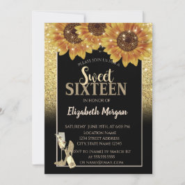 Gold Glitzer, Wein, Glas, Sonnenblumen Süß 16 Part Einladung