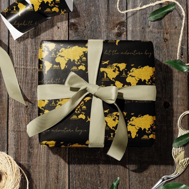 Gold Glitzer Weltkarte für die Hochzeit von Black  Geschenkpapier (Von Creator hochgeladen)