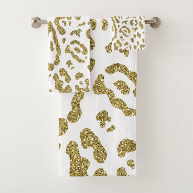 Gold Glitzer White Cheetah Leopard Animal Print Badhandtuch Set (Insitu)