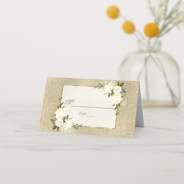 Gold Glitzer White Floral Wedding Tischnummer Platzkarte (Vorderseite)
