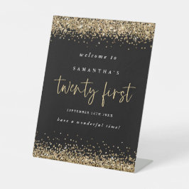 Gold Glitzer Willkommen 21. Party Black Sockelschild