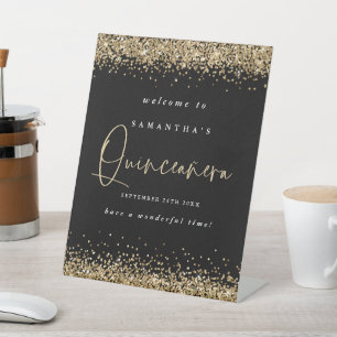 Gold Glitzer Willkommen Quinceañera 15. Party Schw Sockelschild