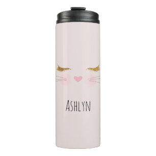 Gold Glitzer Wimpern Rosa Nase Kitty Katzen Gesich Thermosbecher