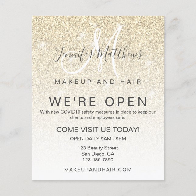 Gold Glitzer Wir sind Open Salon COVID Safe Flyer (Hinten)