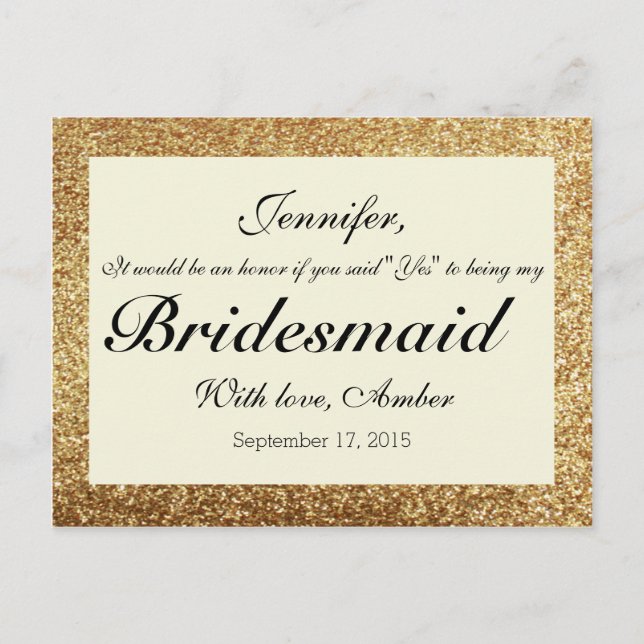Gold Glitzer wird meine Bridesmaid Postkarte sein (Vorderseite)