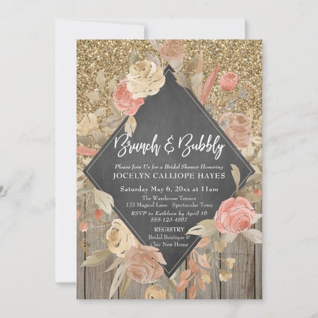 Gold Glitzer Wood Floral Chalkboard Brunch Bubbly Einladung (Vorderseite)