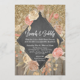 Gold Glitzer Wood Floral Chalkboard Brunch Bubbly Einladung