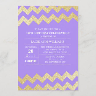 Gold Glitzer Zickzack Geburtstagspartei| Lila Einladung