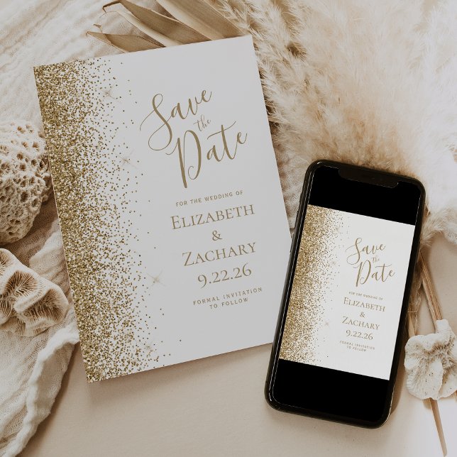 Gold Glitzern Edge White Save the Date Ankündigung (Von Creator hochgeladen)