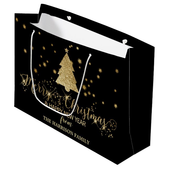 Gold Glitzern Frohe Weihnachtsbaum Black Große Geschenktüte (Vorderseite Schrägansicht)