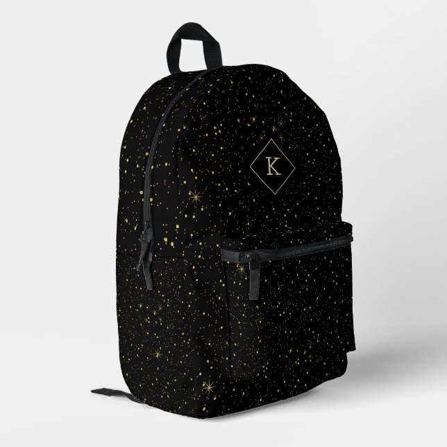 Gold Glitzern Monogram für Luxus Black Background Bedruckter Rucksack (Rückseitige Ecke links)