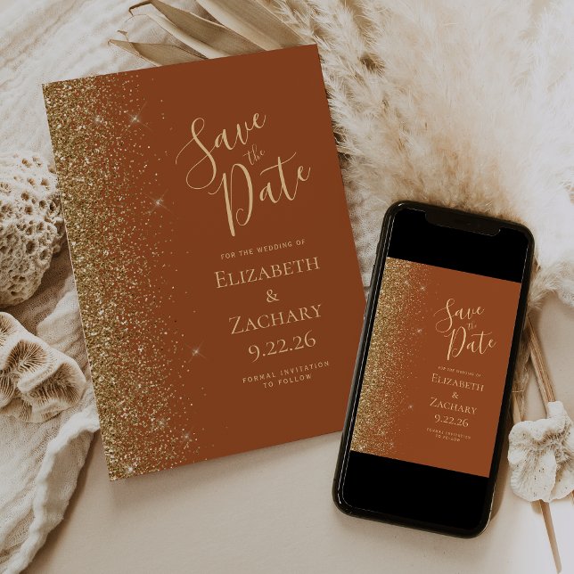 Gold Glitzern Terracotta Save the Date Ankündigung (Von Creator hochgeladen)